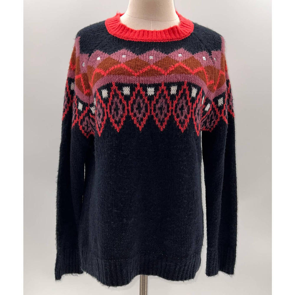 LOFT Outlet Black/Red/Pink/Sequin Patterned Crewneck Sweater- L